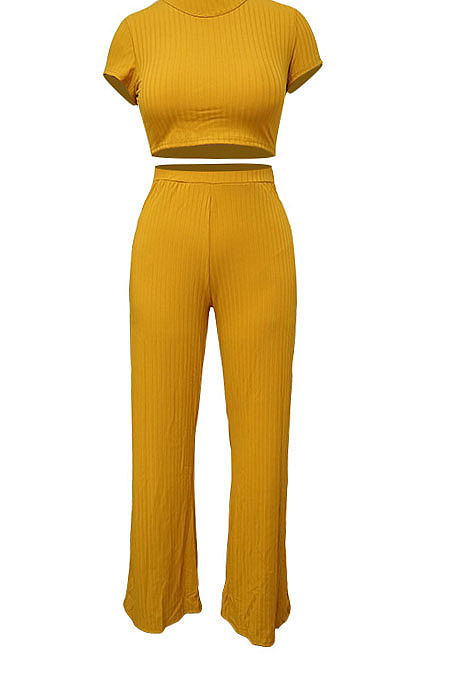 Gray Fashion Casual High Elastic Cotton Shor Sleeve Top Pure Color Ribber Loose Pants Sets MY9298-3