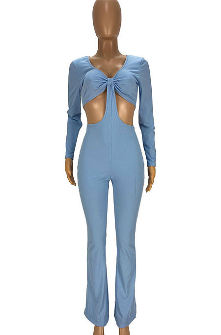 Blue Club Ribber Long Sleeve V Neck Hollow Out Solid Color Slim Fitting Flare Jumpsuits YT3291-1