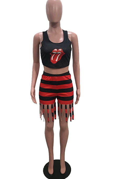 Red Casual Digital Print Tank High Waist Tassel Shorts Two-Piece YSH86246