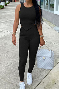 Black Euramerican Fashion Women Tight Super Elastic Tank Pure Color Pants Sets HR8186-2