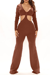 Coffee Club Ribber Long Sleeve V Neck Hollow Out Solid Color Slim Fitting Flare Jumpsuits YT3291-5