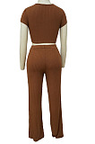 Green Fashion Casual High Elastic Cotton Shor Sleeve Top Pure Color Ribber Loose Pants Sets MY9298-6