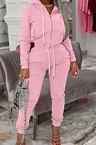 Pink Autumn Winter Velvet Long Sleeve Zip Front Hoodie Pencil Pants Sport Sets YT3289-4