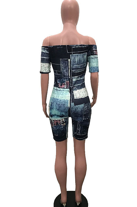 Blue New Print Off Shoulder Short Sleeve Slim Fitting Romper Shorts YSH86248