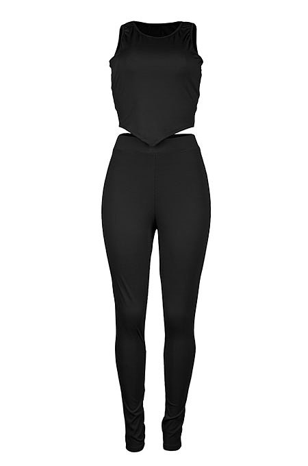 Black Euramerican Fashion Women Tight Super Elastic Tank Pure Color Pants Sets HR8186-2