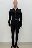 Gray Wholesale New Horn Sleeve Zip Fron Top Slit Pencil Pants Slim Fitting Two-Piece YX9295-1