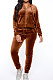 Brown Women Korea Velvet Ribber Spliced Pure Color Long Sleeve Cardigan Hooded Casual Pants Sets Q950-7
