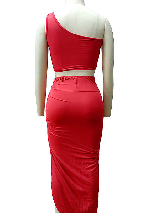 Black Euramerican Women Ruffle Solid Color One Shoulder High Split Skirts Sets MY9268-3