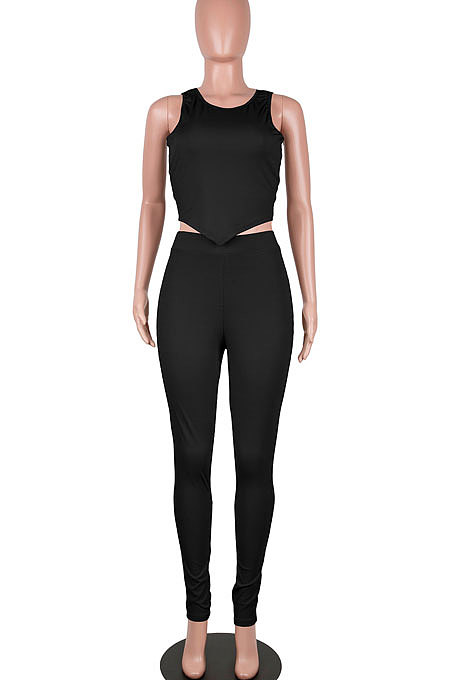Black Euramerican Fashion Women Tight Super Elastic Tank Pure Color Pants Sets HR8186-2