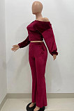 Drak Green Wholesale Velvet Long Sleeve Oblique Shoulder Top Flare Pants Solid Color Sets YX9298-3