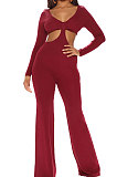Khaki Club Ribber Long Sleeve V Neck Hollow Out Solid Color Slim Fitting Flare Jumpsuits YT3291-2