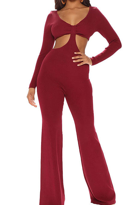 Black Club Ribber Long Sleeve V Neck Hollow Out Solid Color Slim Fitting Flare Jumpsuits YT3291-4