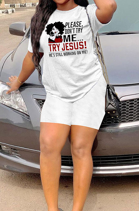 White Casual Digital Print Short Sleeve Round Collar T-Shirt Shorts Sets YSH6238 