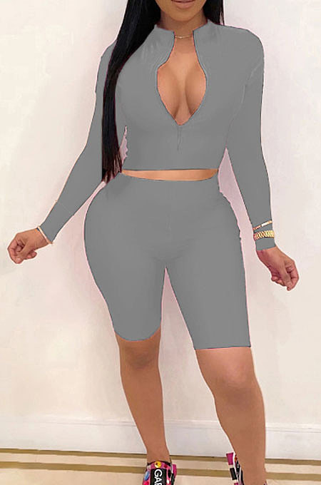 Gray New Wholesale Long Sleeve Stand Collar Zipper Crop Top Shorts Solid Color Sets YSH6162-3