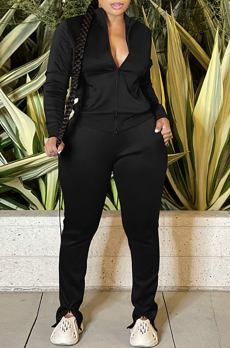 Khaki Sport Women Solid Color Zipper Cardigan Split Pants Sets HR8192 -3