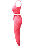 Red Euramerican Women Ruffle Solid Color One Shoulder High Split Skirts Sets MY9268-2
