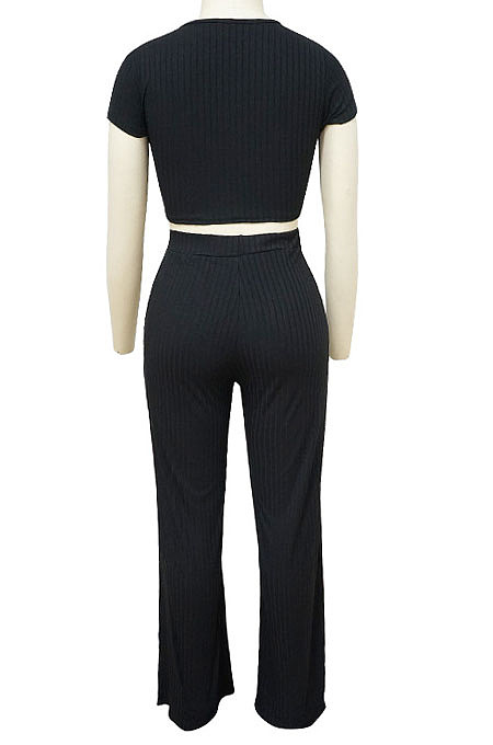Green Fashion Casual High Elastic Cotton Shor Sleeve Top Pure Color Ribber Loose Pants Sets MY9298-6