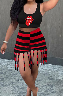Red Casual Digital Print Tank High Waist Tassel Shorts Two-Piece YSH86246
