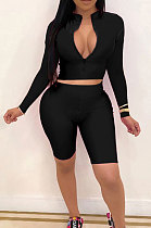 Black New Wholesale Long Sleeve Stand Collar Zipper Crop Top Shorts Solid Color Sets YSH6162-4