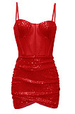Rose Gold Euramerican Women Pure Color Sequins Sexy Condole Belt Strapless Perspectivity Mesh Spaghetti Skirts Sets Q949-4