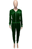 Black Women Korea Velvet Ribber Spliced Pure Color Long Sleeve Cardigan Hooded Casual Pants Sets Q950-3