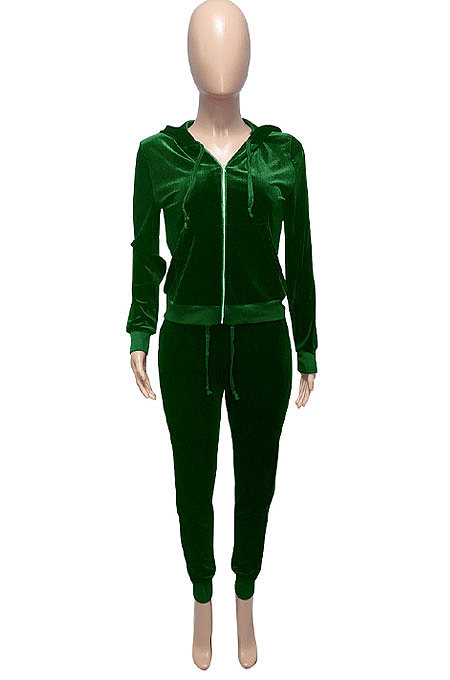 Black Women Korea Velvet Ribber Spliced Pure Color Long Sleeve Cardigan Hooded Casual Pants Sets Q950-3