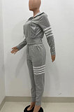 Gray Newest Striple Spliced Long Sleeve Zipper Hooded Coat Sweat Pants Sets YX9296-4