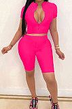 Rose Red Simple Pure Color Short Sleeve Zip Fron Crop Top Shorts Casual Sets YSH6163-2