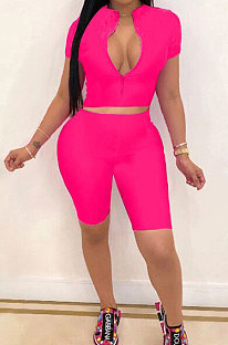 Rose Red Simple Pure Color Short Sleeve Zip Fron Crop Top Shorts Casual Sets YSH6163-2