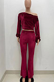 Drak Green Wholesale Velvet Long Sleeve Oblique Shoulder Top Flare Pants Solid Color Sets YX9298-3