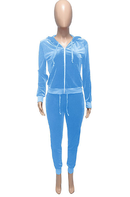 Black Women Korea Velvet Ribber Spliced Pure Color Long Sleeve Cardigan Hooded Casual Pants Sets Q950-3
