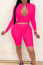 Rose Red New Wholesale Long Sleeve Stand Collar Zipper Crop Top Shorts Solid Color Sets YSH6162-1
