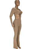 Khaki Club Ribber Long Sleeve V Neck Hollow Out Solid Color Slim Fitting Flare Jumpsuits YT3291-2