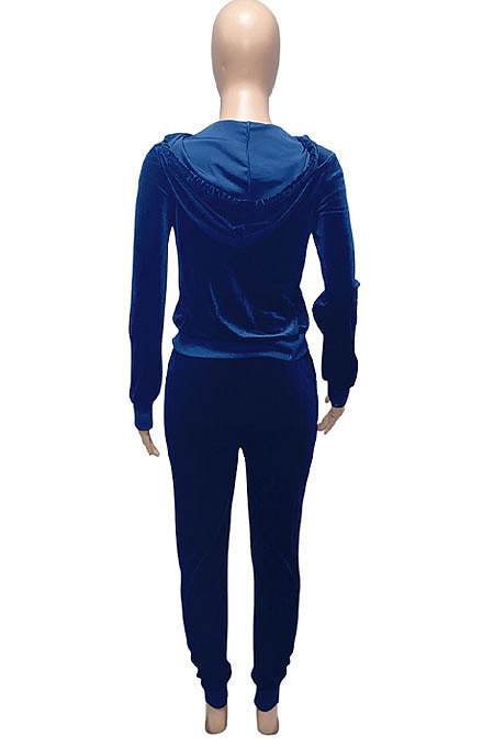 Black Women Korea Velvet Ribber Spliced Pure Color Long Sleeve Cardigan Hooded Casual Pants Sets Q950-3