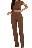 Green Fashion Casual High Elastic Cotton Shor Sleeve Top Pure Color Ribber Loose Pants Sets MY9298-6