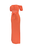 Orange Euramerican Women Solid Color Backless A Word Shoulder Mid Waist Long Dress ED8523-1