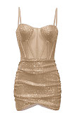 Blue Euramerican Women Pure Color Sequins Sexy Condole Belt Strapless Perspectivity Mesh Spaghetti Skirts Sets Q949-3