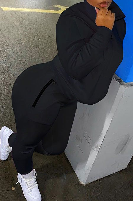 Black Autumn Winter New Long Sleeve Stand Neck Zipper Jumper Sweat Pants Sport Sets YX9292-1
