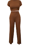 Green Fashion Casual High Elastic Cotton Shor Sleeve Top Pure Color Ribber Loose Pants Sets MY9298-6