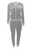 Dark Green Women Korea Velvet Ribber Spliced Pure Color Long Sleeve Cardigan Hooded Casual Pants Sets Q950-4