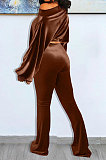 Drak Green Wholesale Velvet Long Sleeve Oblique Shoulder Top Flare Pants Solid Color Sets YX9298-3