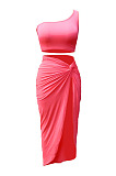 Neon Pink Euramerican Women Ruffle Solid Color One Shoulder High Split Skirts Sets MY9268-5