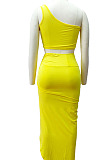 Neon Pink Euramerican Women Ruffle Solid Color One Shoulder High Split Skirts Sets MY9268-5