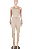 Gray Euramerican Fashion Women Tight Super Elastic Tank Pure Color Pants Sets HR8186-1
