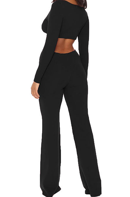 Black Club Ribber Long Sleeve V Neck Hollow Out Solid Color Slim Fitting Flare Jumpsuits YT3291-4