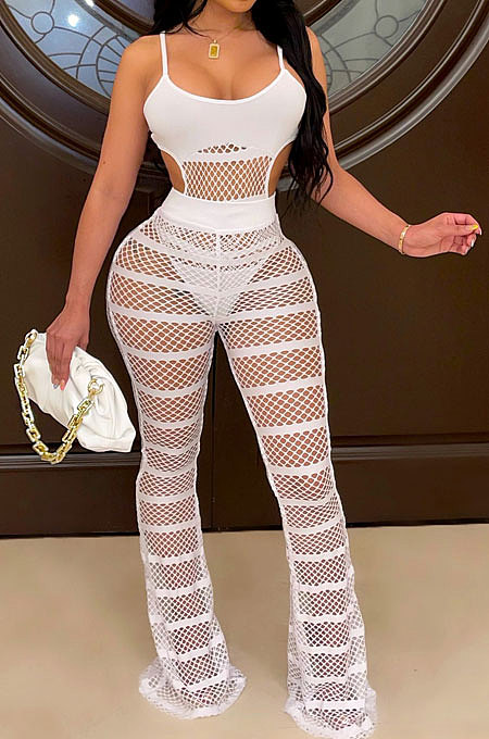 White Sexy Condole Belt Strapless Tank Net Cloth Sleeveless Solid Color Pants Sets No Underwear YF9244