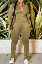 Khaki Sport Women Solid Color Zipper Cardigan Split Pants Sets HR8192 -3