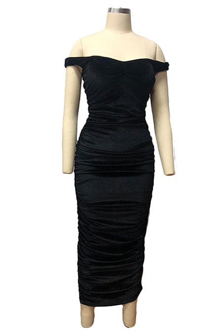 Pink Ruffle Sexy A Word Shoulder Bodycon Pure Color Korea Velvet Long Dress MY9351-1