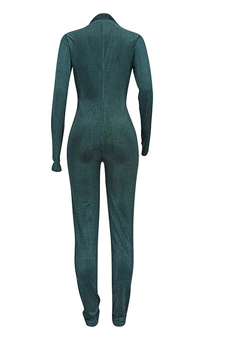 Black Euramerican Women Korea Velvet Long Sleeve V Collar Zipper Sexy Solid Color Bodycon Jumpsuits ED8525-1