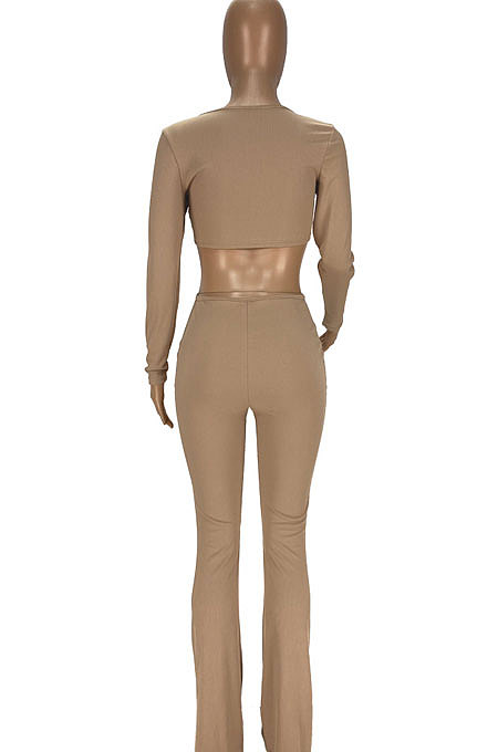 Black Club Ribber Long Sleeve V Neck Hollow Out Solid Color Slim Fitting Flare Jumpsuits YT3291-4